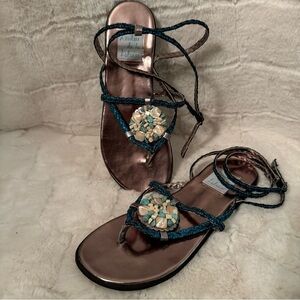 Loulore de la Falaise Gold and Teal Ankle Strap Sandals Flats Size 7.5 Shells